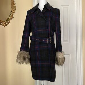 Juicy Couture Wool Blend Plaid Faux Fur Cuffs Pea Coat Jackets Lined Belt